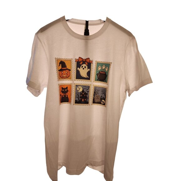 Halloween Postage Stamp Large White Graphic Tee features a Witch, Ghost, Haunted - Picture 3 of 6